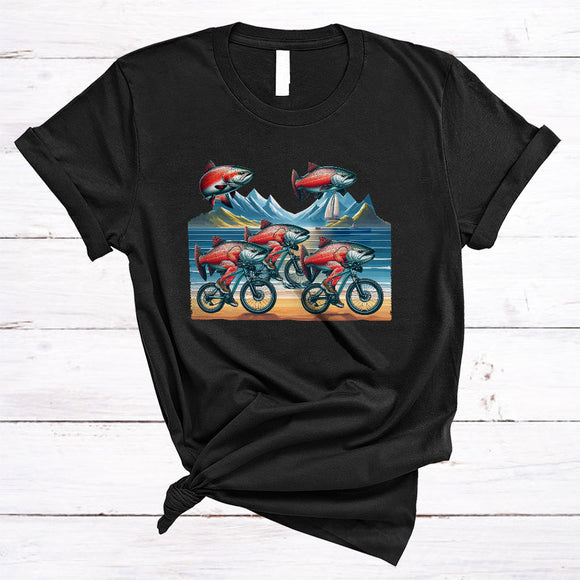MacnyStore - Salmon Riding Bicycle, Humorous Sea Animal Lover, Bicycle Riding Friends Family Group T-Shirt