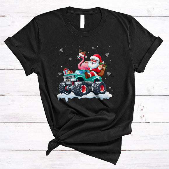 MacnyStore - Santa And Reindeer Flamingo Driving Monster Truck, Wonderful Christmas Flamingo, X-mas Snow T-Shirt