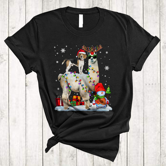 MacnyStore - Santa Beagle Riding Reindeer ELF Llama Merry Cool Christmas Lights Llama Dog Xmas T-Shirt
