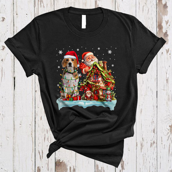 MacnyStore - Santa Beagle With Santa Gnome Xmas House Happy Merry Christmas Snow Lights Dog T-Shirt
