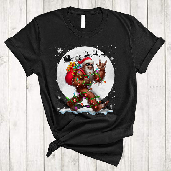 MacnyStore - Santa Bigfoot Rock Lover, Cheerful Christmas Lights Bigfoot Sunglasses, X-mas Group T-Shirt
