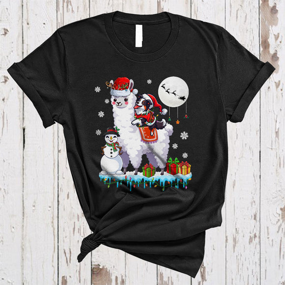 MacnyStore - Santa Border Collie Riding Llama Reindeer, Lovely Christmas Llama, Snowman X-mas Animal T-Shirt
