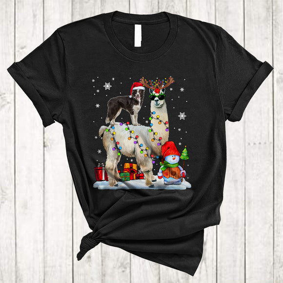MacnyStore - Santa Border Collie Riding Reindeer ELF Llama Merry Cool Christmas Lights Llama Dog Xmas T-Shirt