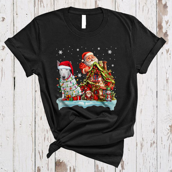 MacnyStore - Santa Bull Terrier With Santa Gnome Xmas House Happy Merry Christmas Snow Lights Dog T-Shirt