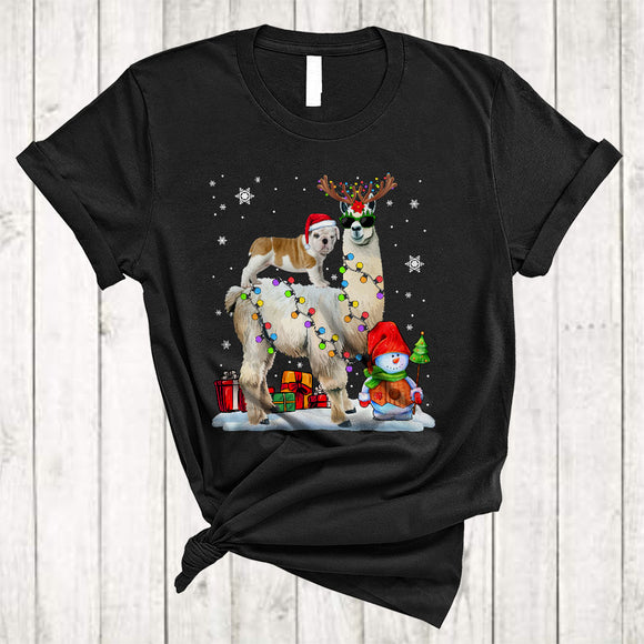 MacnyStore - Santa Bulldog Riding Reindeer ELF Llama Merry Cool Christmas Lights Llama Dog Xmas T-Shirt