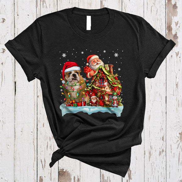 MacnyStore - Santa Bulldog With Santa Gnome Xmas House Happy Merry Christmas Snow Lights Dog T-Shirt