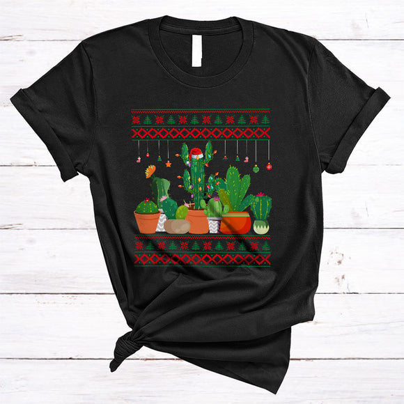 MacnyStore - Santa Cactus With Christmas Lights Cute Adorable Xmas Sweater Lights Family Group Cactus Lover T-Shirt