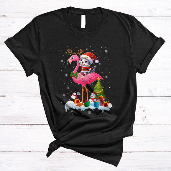 MacnyStore - Santa Cat Riding Reindeer Flamingo, Joyful Christmas Lights Animal Lover, X-mas Tree Snow Around T-Shirt