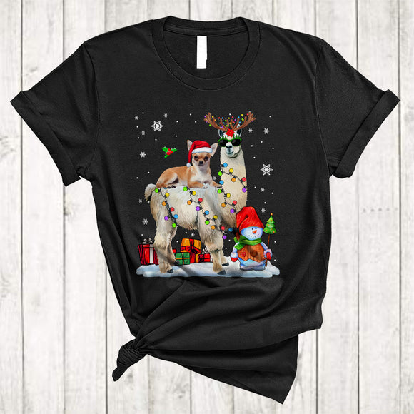 MacnyStore - Santa Chihuahua Riding Reindeer ELF Llama Merry Cool Christmas Lights Llama Dog Xmas T-Shirt