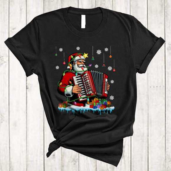 MacnyStore - Santa Claus Playing Accordion, Humorous Joyful Christmas Lights Santa, Musical Instrument X-mas T-Shirt