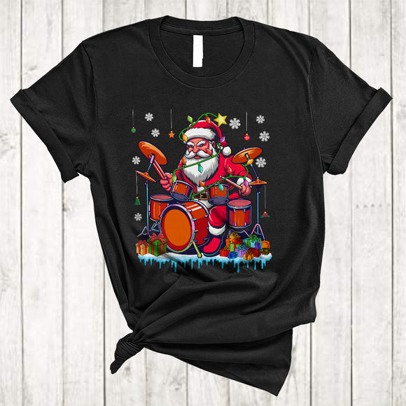 MacnyStore - Santa Claus Playing Drum, Humorous Joyful Christmas Lights Santa, Musical Instrument X-mas T-Shirt