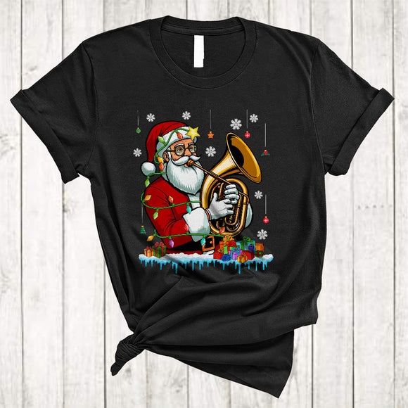 MacnyStore - Santa Claus Playing Tuba, Humorous Joyful Christmas Lights Santa, Musical Instrument X-mas T-Shirt