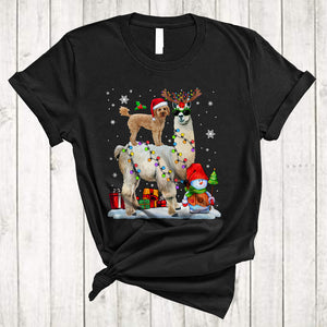 MacnyStore - Santa Cockapoo Riding Reindeer ELF Llama Merry Cool Christmas Lights Llama Dog Xmas T-Shirt