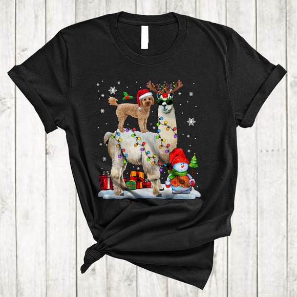 MacnyStore - Santa Cockapoo Riding Reindeer ELF Llama Merry Cool Christmas Lights Llama Dog Xmas T-Shirt
