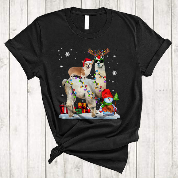 MacnyStore - Santa Corgi Riding Reindeer ELF Llama Merry Cool Christmas Lights Llama Dog Xmas T-Shirt