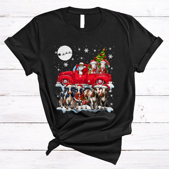 MacnyStore - Santa Cow On Red Truck, Wonderful Christmas Cow Lover, Farm Farmer Animal Snow Around T-Shirt