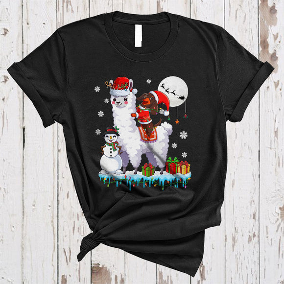 MacnyStore - Santa Dachshund Riding Llama Reindeer, Lovely Christmas Llama Lover, Snowman X-mas Animal T-Shirt