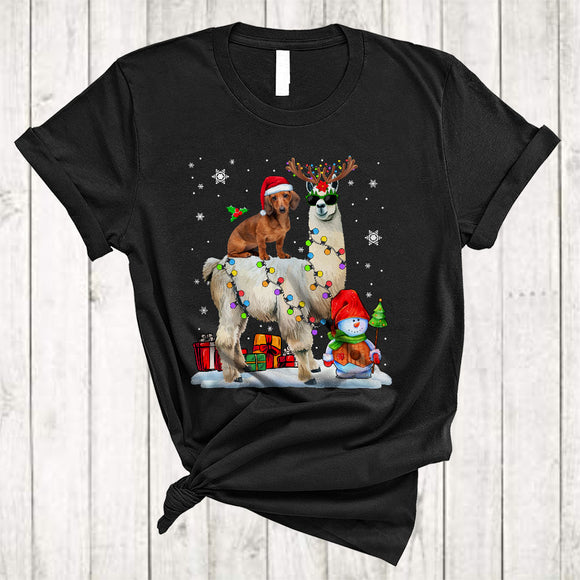 MacnyStore - Santa Dachshund Riding Reindeer ELF Llama Merry Cool Christmas Lights Llama Dog Xmas T-Shirt