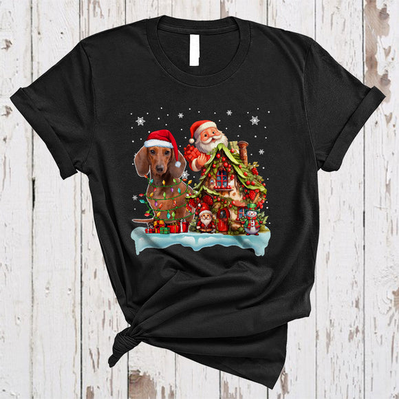 MacnyStore - Santa Dachshund With Santa Gnome Xmas House Happy Merry Christmas Snow Lights Dog T-Shirt