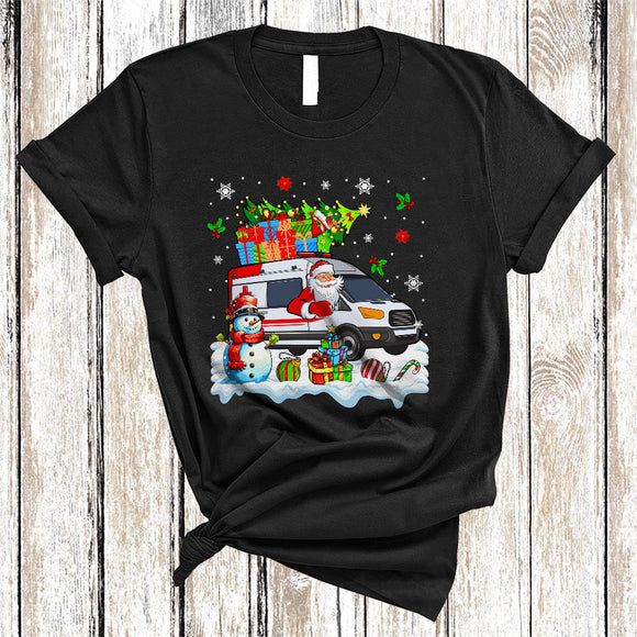 MacnyStore - Santa Driving Ambulance, Colorful Christmas Tree Snow Around, Snowman X-mas Family T-Shirt
