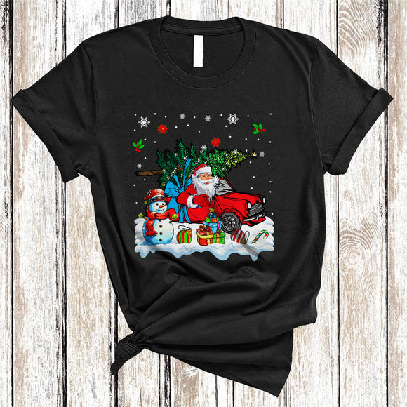 MacnyStore - Santa Driving Car, Colorful Christmas Tree Snow Around, Snowman X-mas Family T-Shirt