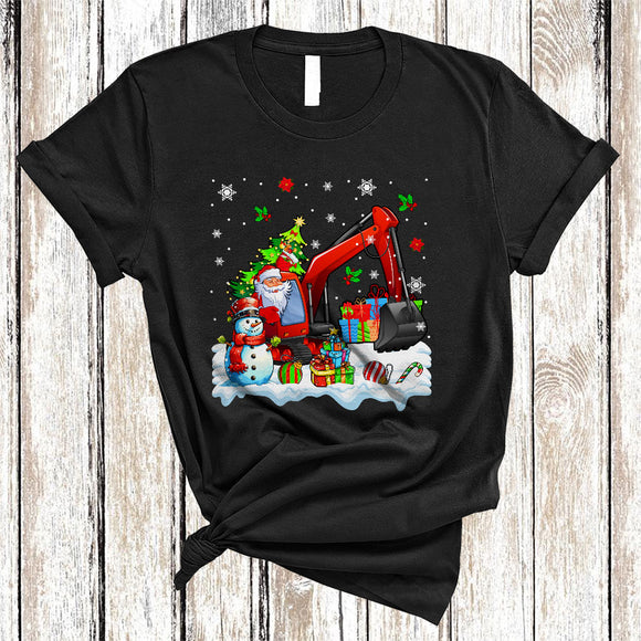 MacnyStore - Santa Driving Excavator, Colorful Christmas Tree Snow Around, Snowman X-mas Family T-Shirt