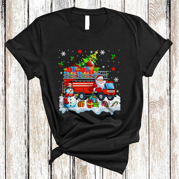 MacnyStore - Santa Driving Fire Truck, Colorful Christmas Tree Snow Around, Snowman X-mas Family T-Shirt