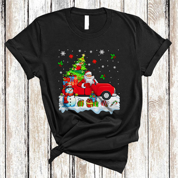 MacnyStore - Santa Driving Pickup Truck, Colorful Christmas Tree Snow Around, Snowman X-mas Family T-Shirt