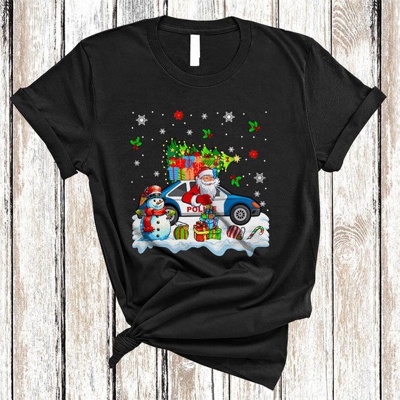 MacnyStore - Santa Driving Police Car, Colorful Christmas Tree Snow Around, Snowman X-mas Family T-Shirt