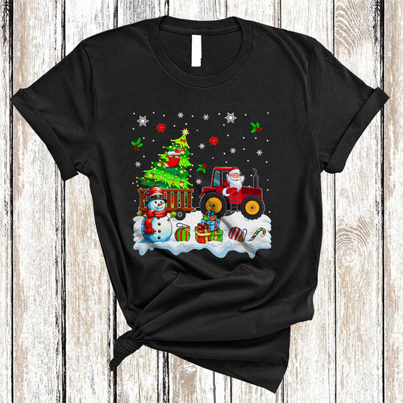 MacnyStore - Santa Driving Tractor, Colorful Christmas Tree Snow Around, Snowman X-mas Family T-Shirt