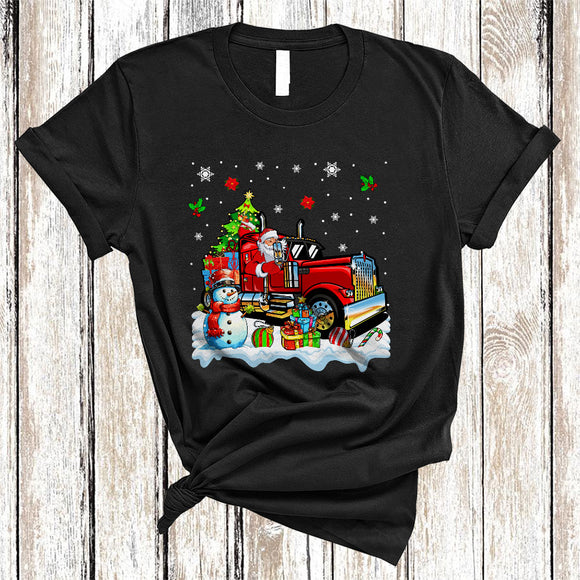 MacnyStore - Santa Driving Truck, Colorful Christmas Tree Snow Around, Snowman X-mas Family T-Shirt