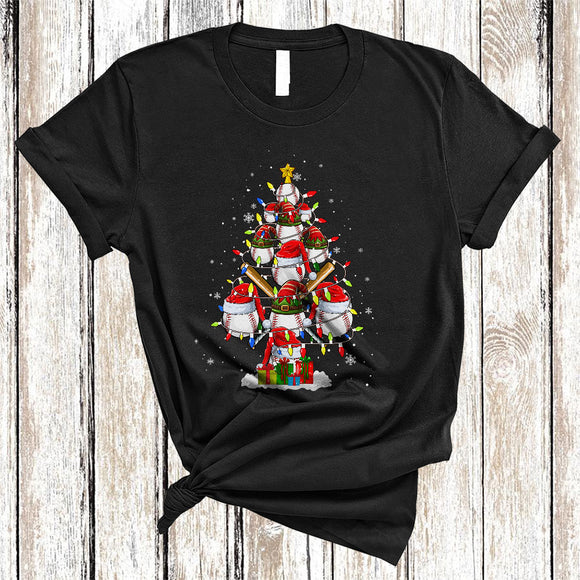 MacnyStore - Santa ELF Baseball Christmas Tree, Colorful Cool X-mas Lights Baseball Equipment, Sport Player Team T-Shirt