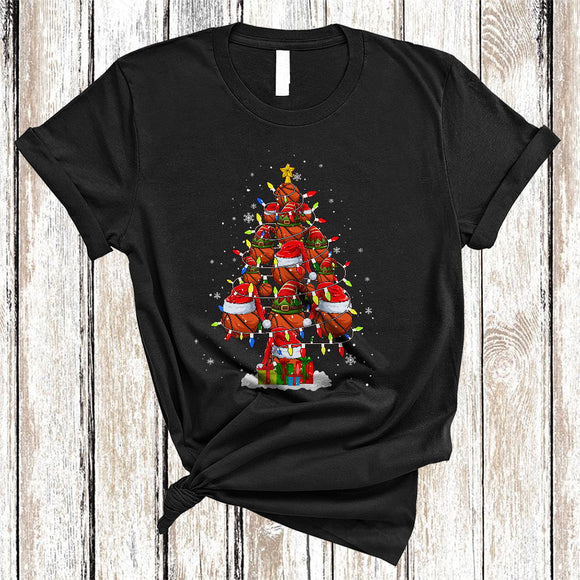 MacnyStore - Santa ELF Basketball Christmas Tree, Colorful Cool X-mas Lights Basketball Equipment, Sport Player Team T-Shirt