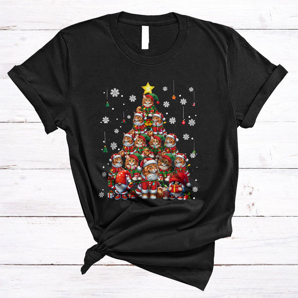 MacnyStore - Santa ELF Cat Christmas Tree, Lovely Merry X-mas Lights Snow Around, Animal Gnomes Lover T-Shirt