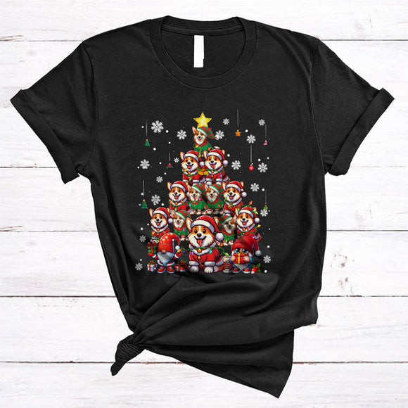 MacnyStore - Santa ELF Corgi Christmas Tree, Lovely Merry X-mas Lights Snow Around, Animal Gnomes Lover T-Shirt