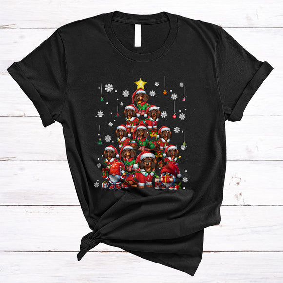 MacnyStore - Santa ELF Dachshund Christmas Tree, Lovely Merry X-mas Lights Snow Around, Animal Gnomes Lover T-Shirt