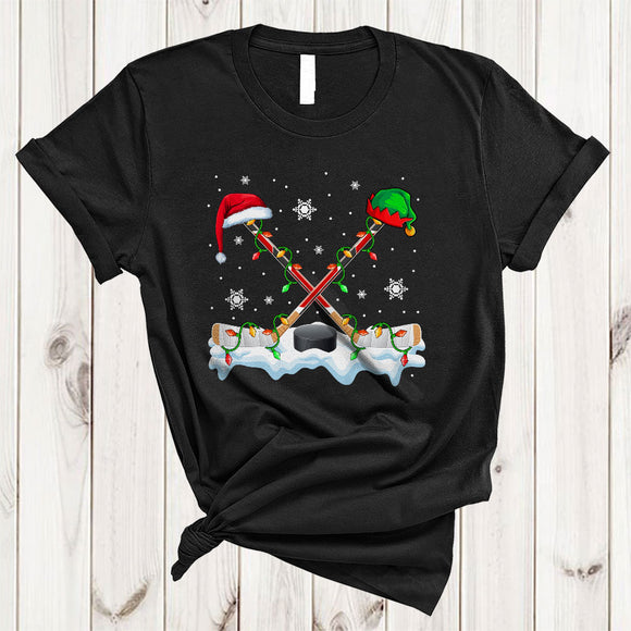MacnyStore - Santa ELF Hockey Stick, Joyful Christmas Hockey Stick, X-mas Lights Sport Player Team T-Shirt