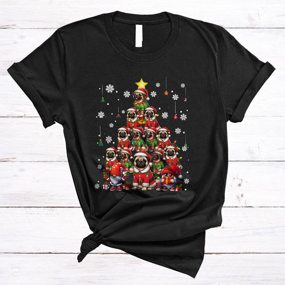 MacnyStore - Santa ELF Pug Christmas Tree, Lovely Merry X-mas Lights Snow Around, Animal Gnomes Lover T-Shirt