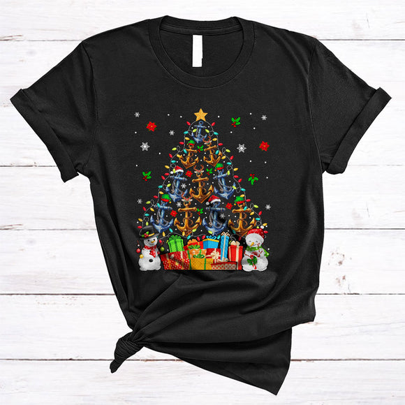 MacnyStore - Santa ELF Reindeer Anchor Christmas Tree, Colorful X-mas Lights Anchor, Boat Cruise Sailing Pontoon T-Shirt