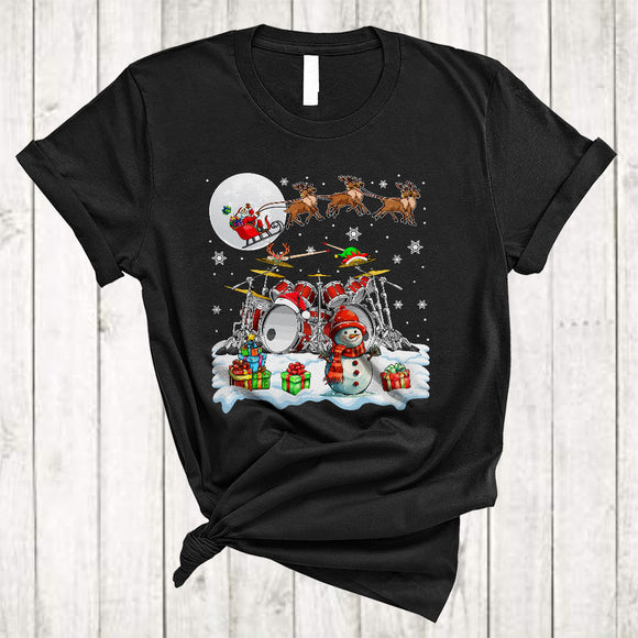 MacnyStore - Santa ELF Reindeer Drum Player, Joyful Christmas Musical Instruments, Snow Around Snowman T-Shirt