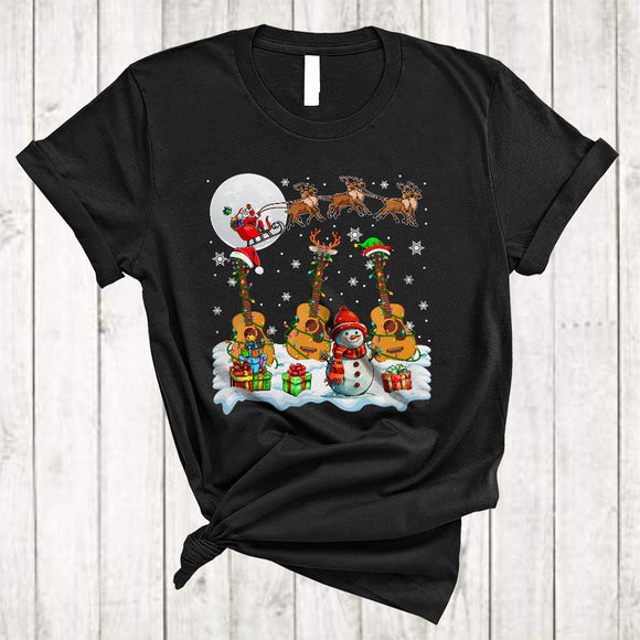 MacnyStore - Santa ELF Reindeer Guitar Player, Joyful Christmas Musical Instruments, Snow Around Snowman T-Shirt