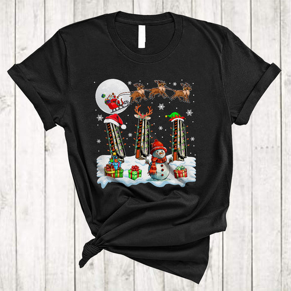MacnyStore - Santa ELF Reindeer Harmonica Player, Joyful Christmas Musical Instruments, Snow Around Snowman T-Shirt