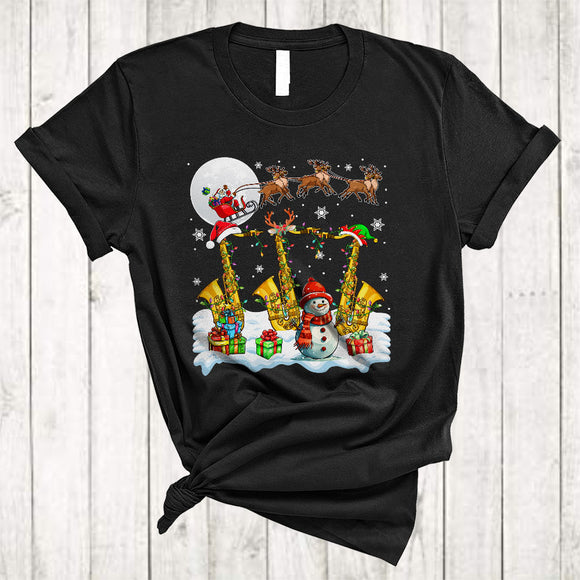 MacnyStore - Santa ELF Reindeer Saxophone Player, Joyful Christmas Musical Instruments, Snow Around Snowman T-Shirt