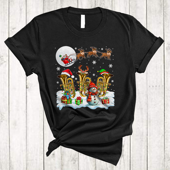 MacnyStore - Santa ELF Reindeer Tuba Player, Joyful Christmas Musical Instruments, Snow Around Snowman T-Shirt