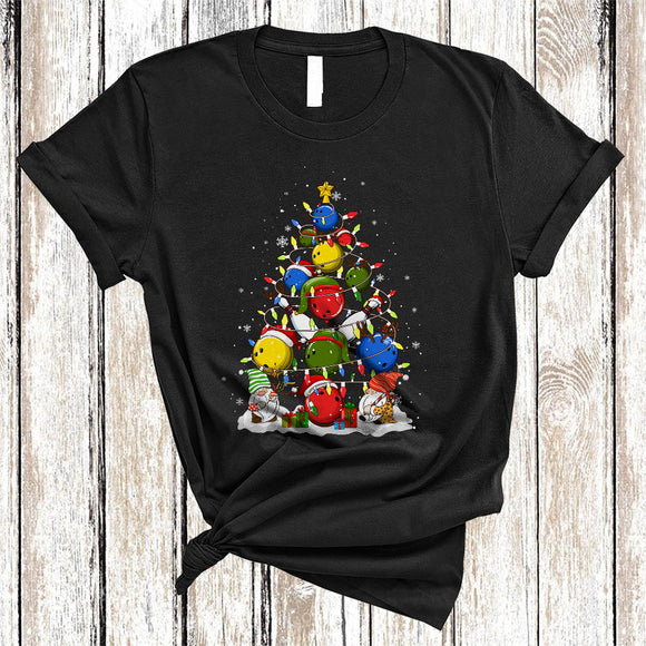 MacnyStore - Santa Elf Reindeer Bowling Christmas Tree, Joyful X-mas Lights Sport Player Lover, Family Group T-Shirt