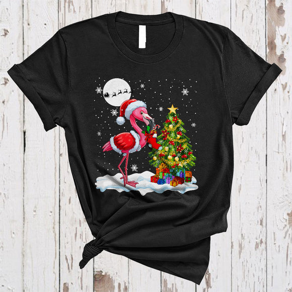 MacnyStore - Santa Flamingo And Christmas Tree, Cute Flamingo Making X-mas Tree, Animal Snow Around T-Shirt