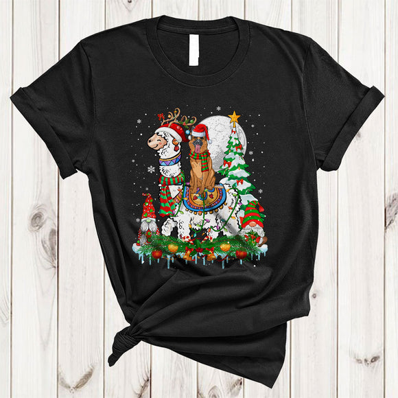 MacnyStore - Santa German Shepherd Riding Llama, Wonderful Christmas Lights Gnomes, X-mas Tree Snow T-Shirt