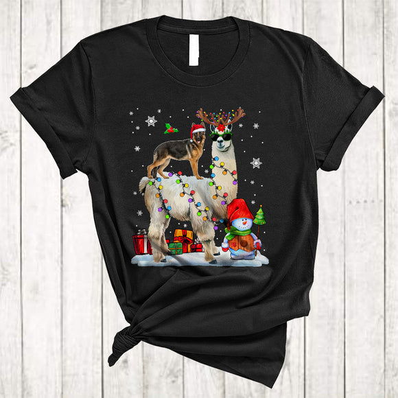 MacnyStore - Santa German Shepherd Riding Reindeer ELF Llama Merry Cool Christmas Lights Llama Dog Xmas T-Shirt