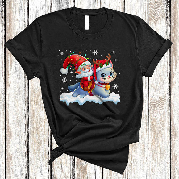 MacnyStore - Santa Gnome Riding Cat, Awesome Christmas Lights Cat Lover, X-mas Gnomes Animal T-Shirt