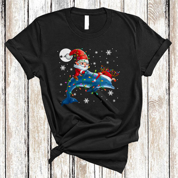 MacnyStore - Santa Gnome Riding Dolphin, Awesome Christmas Lights Dolphin Lover, X-mas Gnomes Animal T-Shirt